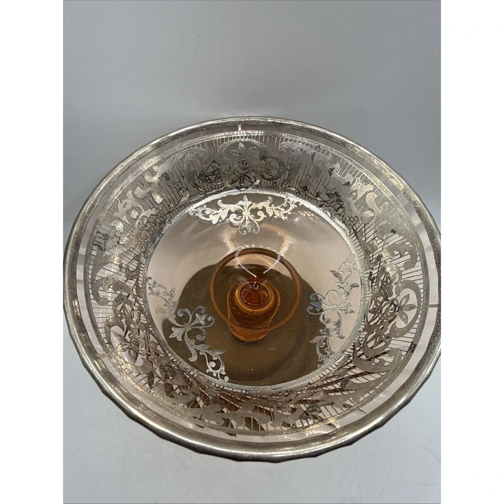 Vintage Fostoria Royal Style Amber Etched Glass Compote Or Candy Footed Bowl